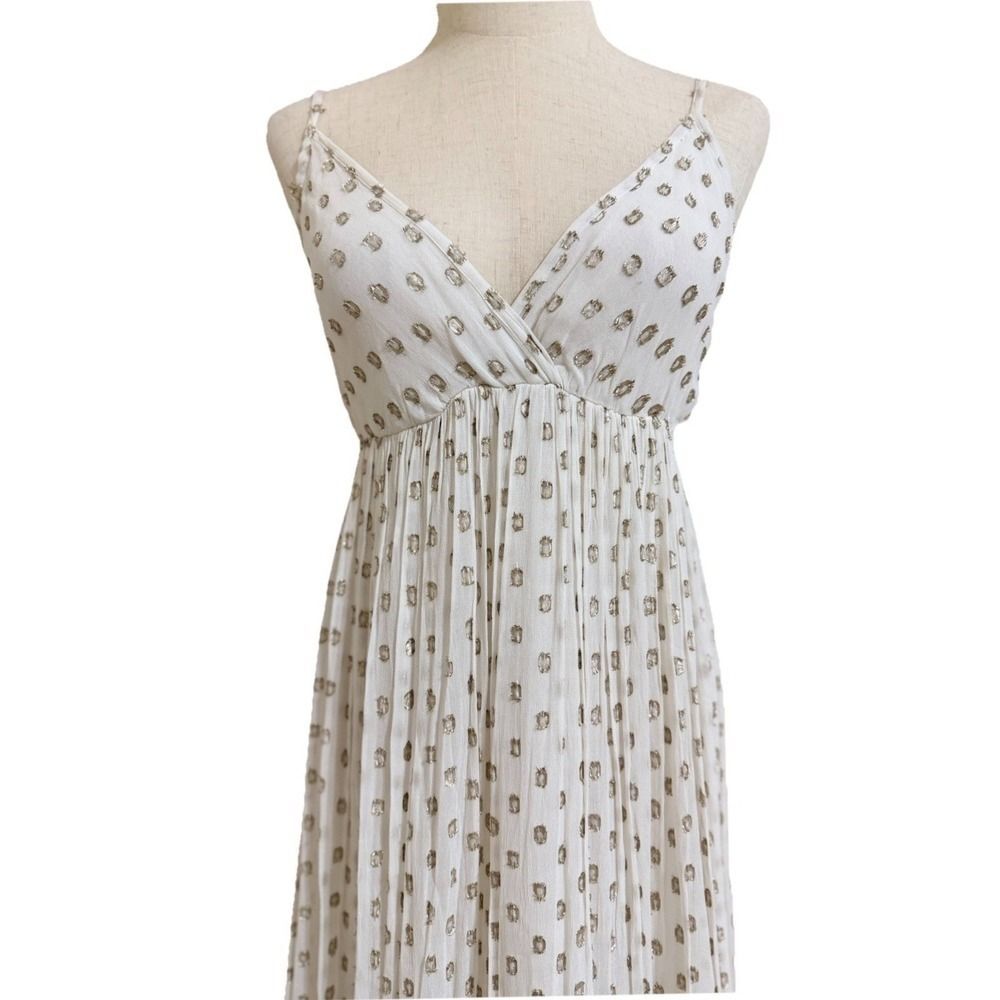 Lulu Saint Tropez Maxi Dress White Gold Metallic Fil Coupe Polka Dots Women's Xs — image 2 of 8